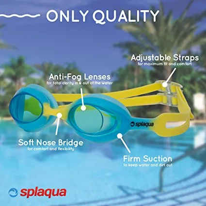 Swimming Goggles for Kids with UV Protection & Anti-Fog Lenses Includes Ear Plugs & Durable Holder - By Splaqua