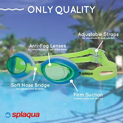 Swimming Goggles for Kids with UV Protection & Anti-Fog Lenses Includes Ear Plugs & Durable Holder - By Splaqua