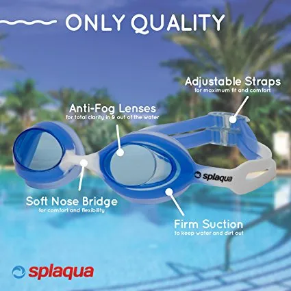 Swimming Goggles for Kids with UV Protection & Anti-Fog Lenses Includes Ear Plugs & Durable Holder - By Splaqua