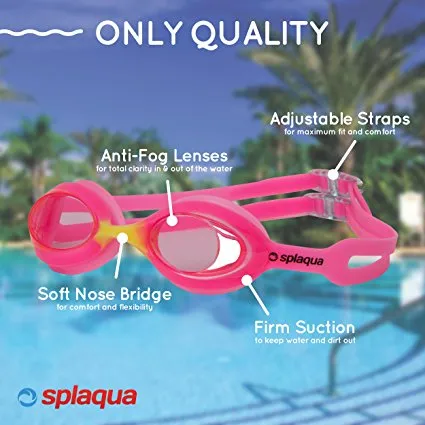 Swimming Goggles for Kids with UV Protection & Anti-Fog Lenses Includes Ear Plugs & Durable Holder - By Splaqua